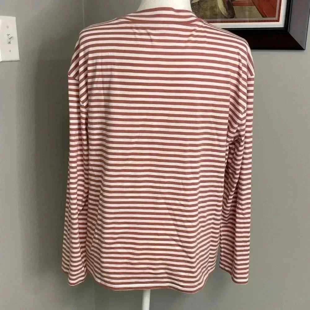 Garnet Hill 100% Pima Cotton White and Dusty Pink Striped Long Sleeve Top Large - Picture 4 of 6